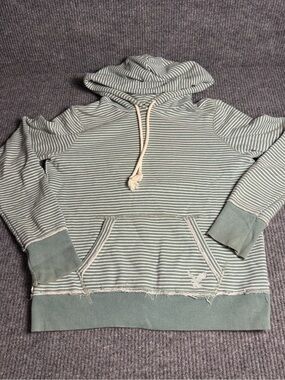 American Eagle Outfitters Striped Crewneck Hoodie in Sage Green and Cream